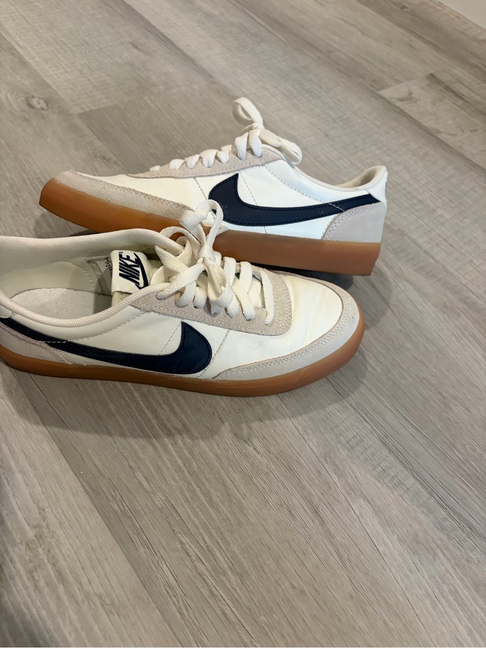 Nike White Sneakers with Navy Swoosh and Gum Sole